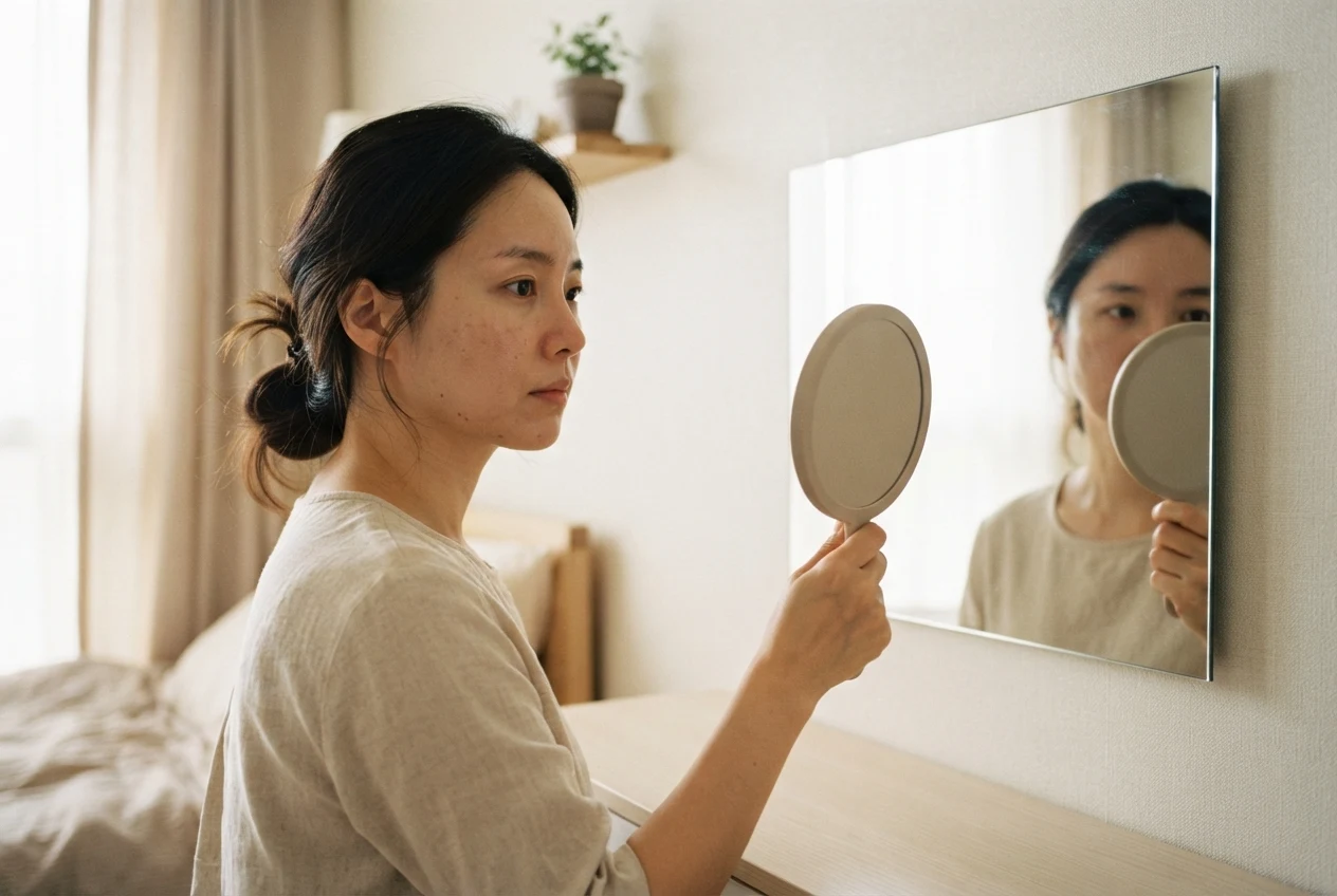 벽거울과 손거울로 얼굴을 여러 각도에서 살펴보는 여성