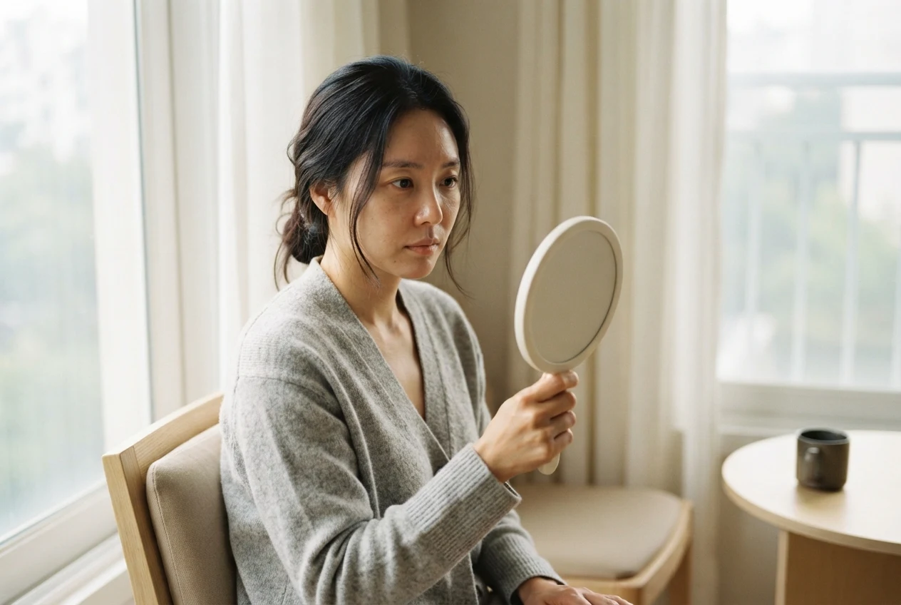 창가에서 손거울로 얼굴 상태를 살펴보는 여성