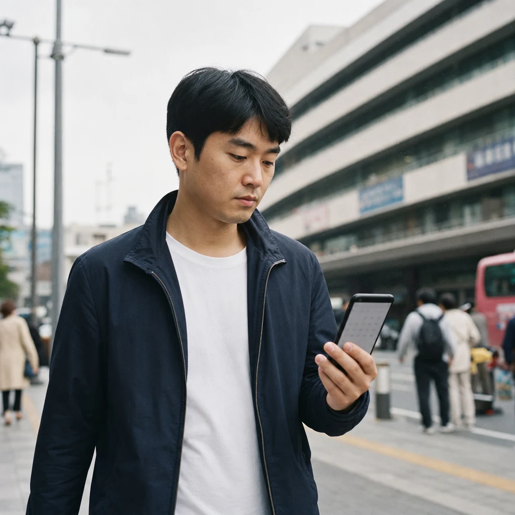 휴대폰 일정을 확인하며 거리를 걷는 모습