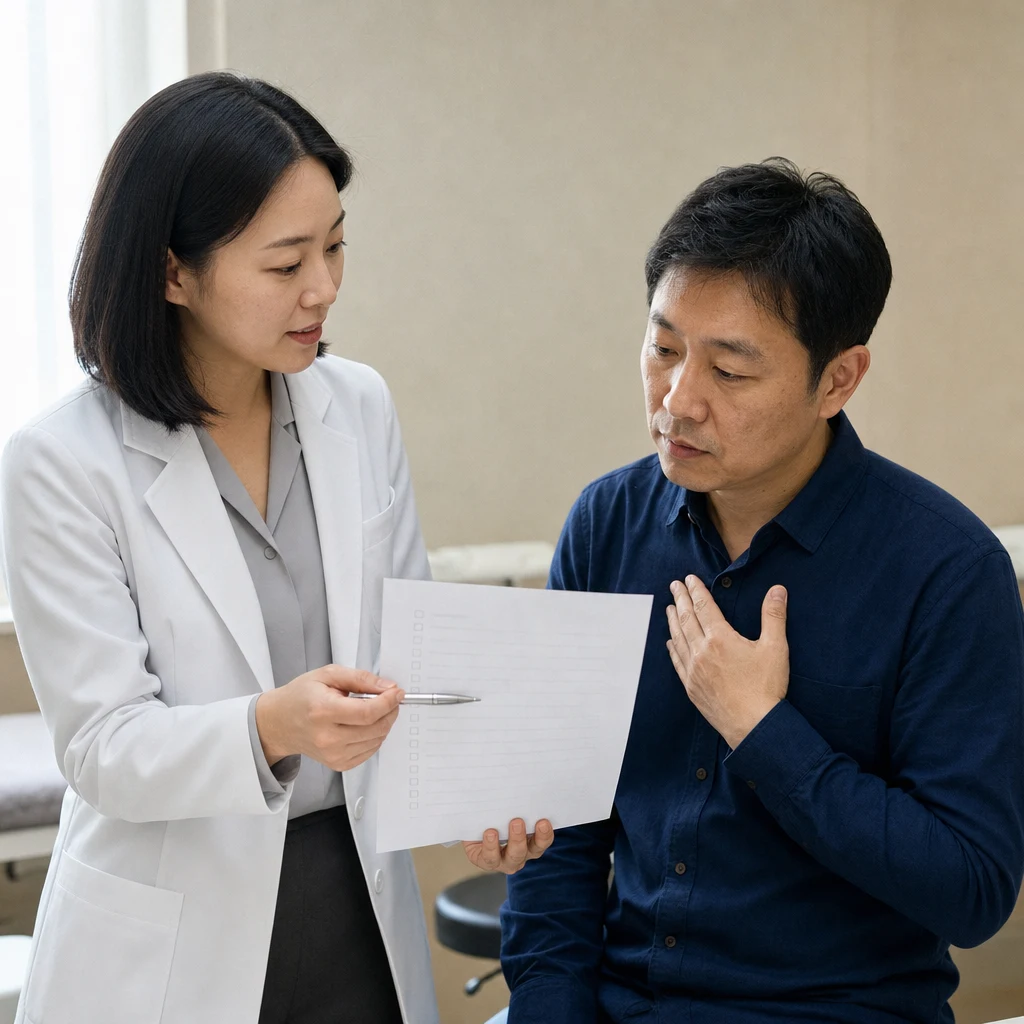 체크리스트로 금기 사항을 확인하는 상담 장면