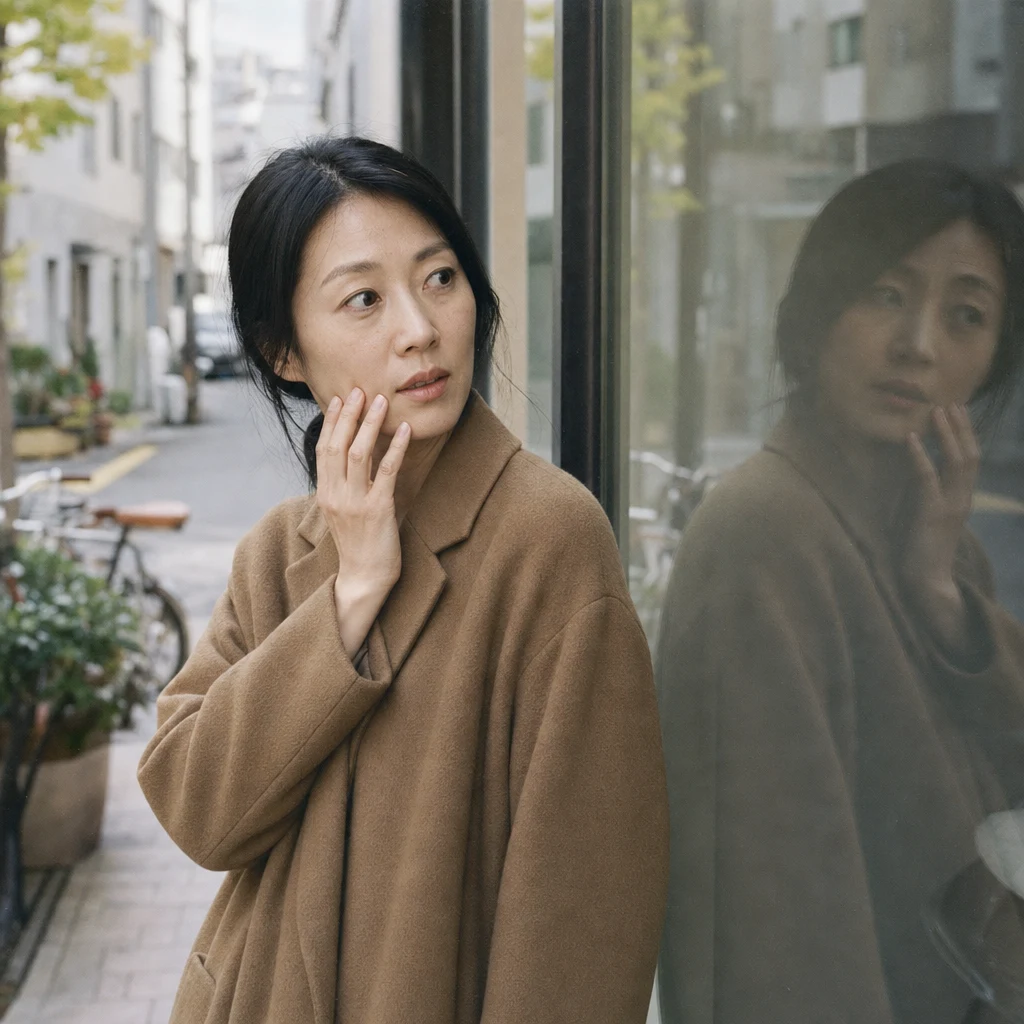 유리창에 비친 얼굴을 바라보는 여성