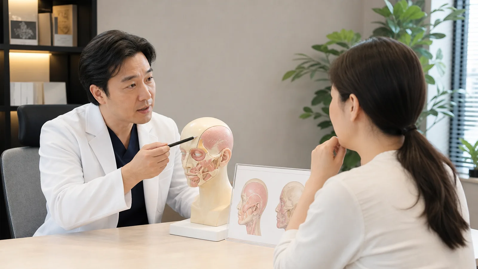 진료실에서 의사가 해부학 모형을 가리키며 환자와 이마 부위의 구조와 안전성에 대해 진지하게 상담하는 모습