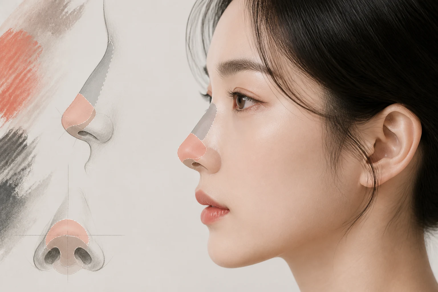 코의 해부학적 구조와 비수술적 교정의 목표 부위를 나타낸 프로필 맵