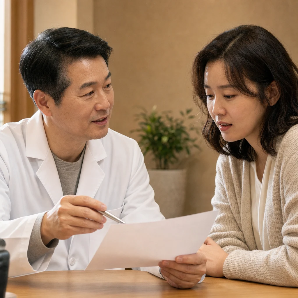 설명 자료를 함께 살펴보며 상담하는 의사와 환자