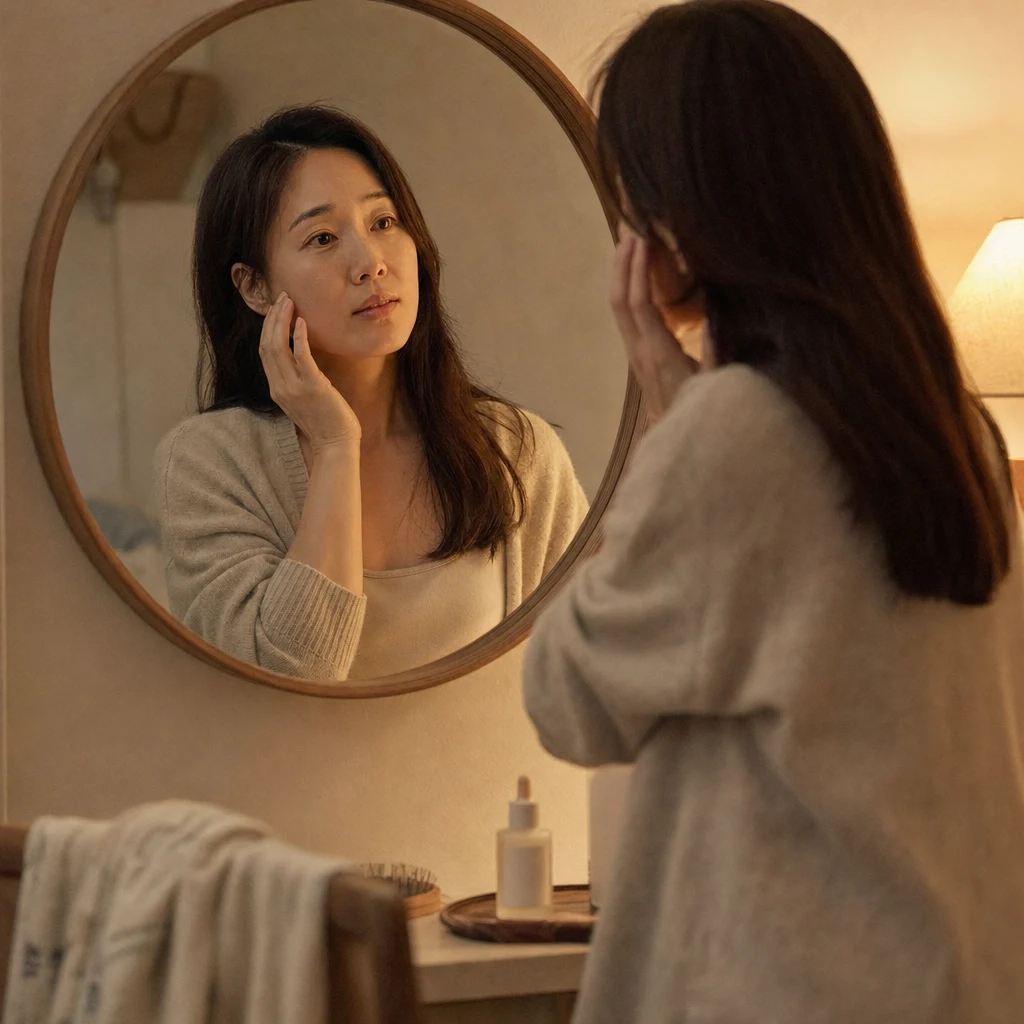 집에서 거울을 보며 볼을 만져보는 모습
