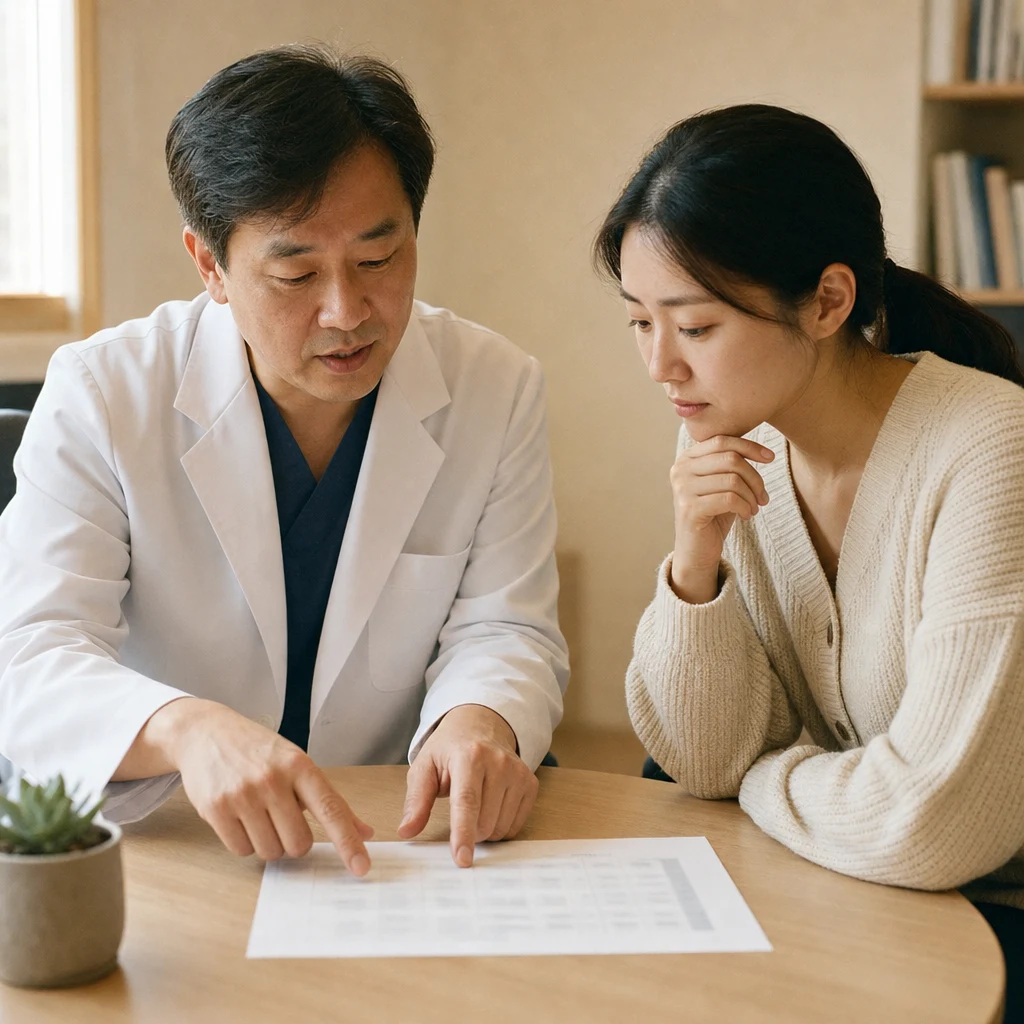가격표를 두고 총액을 설명하는 상담 장면