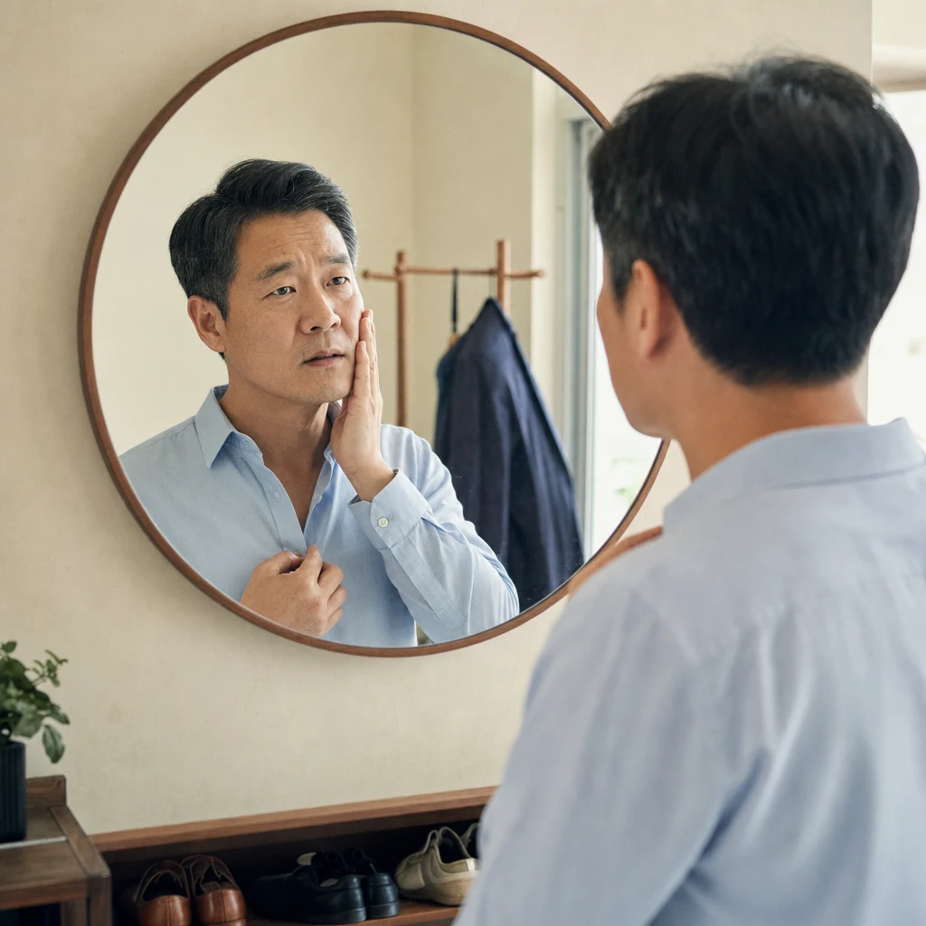 거울 속 얼굴을 살피며 볼을 짚어보는 남성