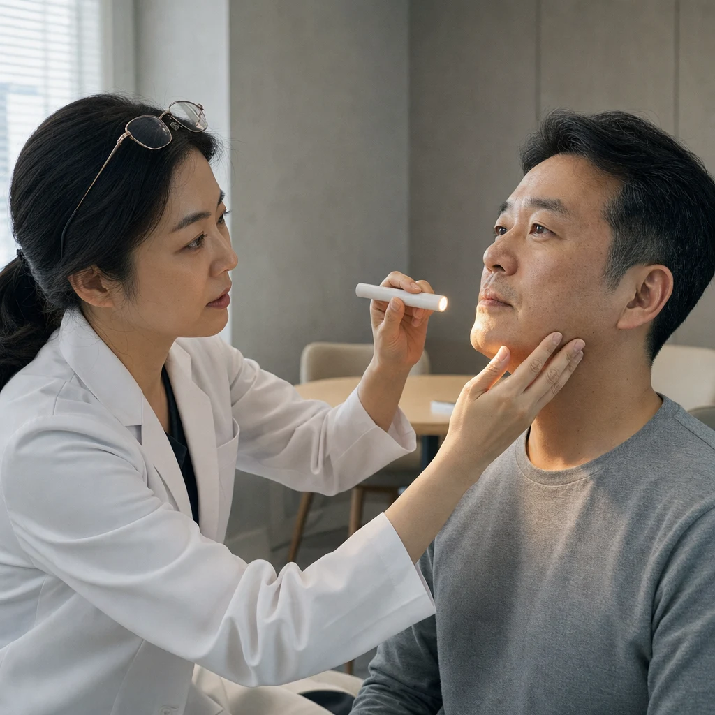 진료실에서 턱선과 볼을 직접 살피는 상담 장면
