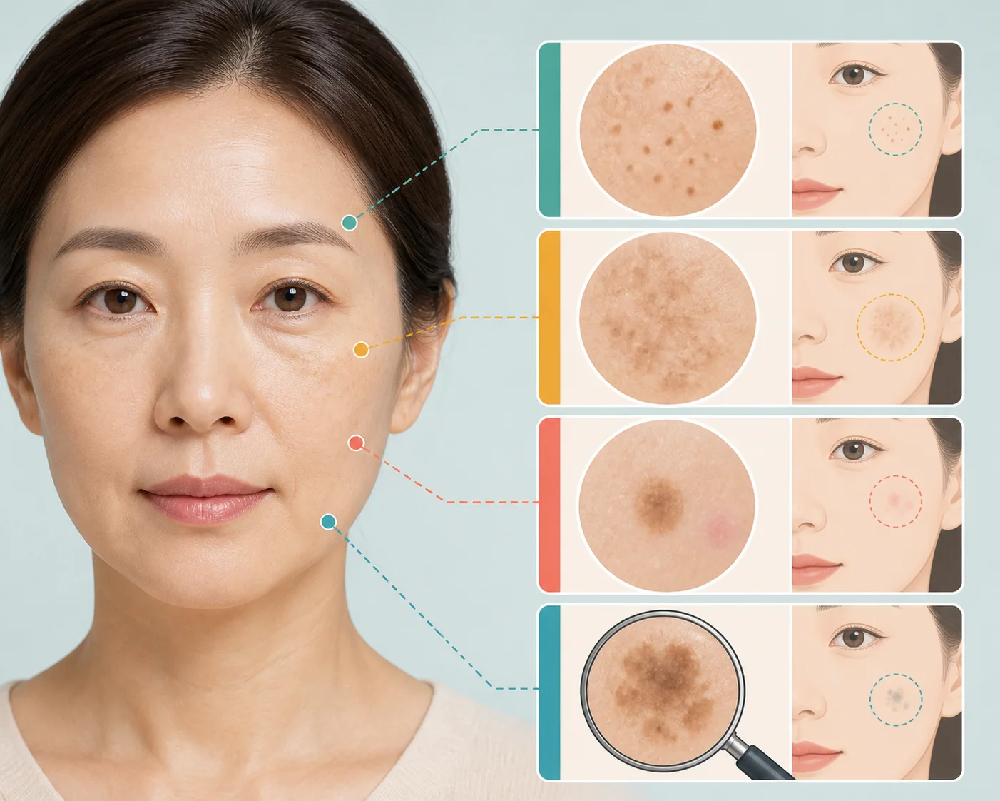 얼굴의 서로 다른 색소 분포 양상을 네 개의 확대된 카드로 구분하여 보여주는 인포그래픽