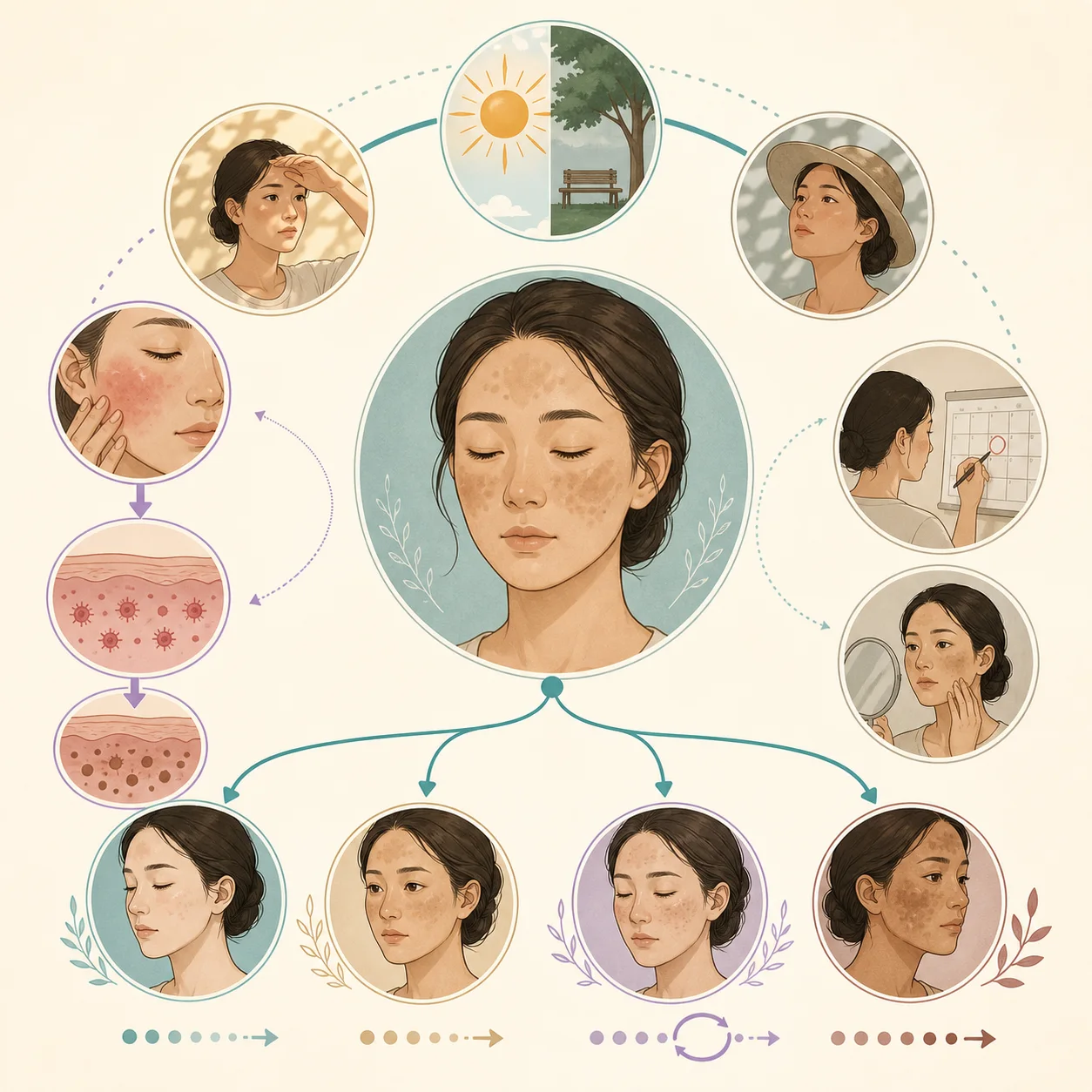 햇빛과 그늘, 염증 후 색소, 달력 그림과 함께 색소가 옅어짐, 지속됨, 재발함, 짙어짐의 네 가지 가능성을 나열한 장기 관리 안내 그림