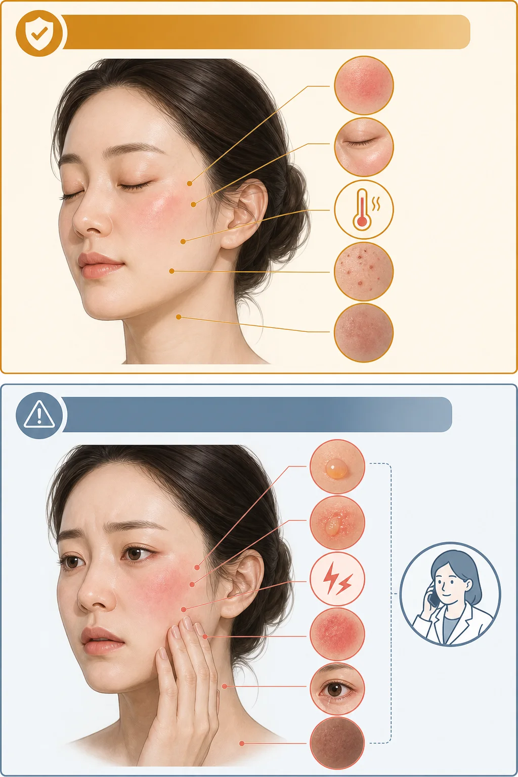 시술 후 나타날 수 있는 일시적 붉음과 열감 등의 일반적 반응과 물집, 진물, 심한 통증, 번지는 홍반, 눈 증상, 지속되는 색소 변화 등 의료진 확인이 필요한 신호를 구분하여 설명한 안내 그림