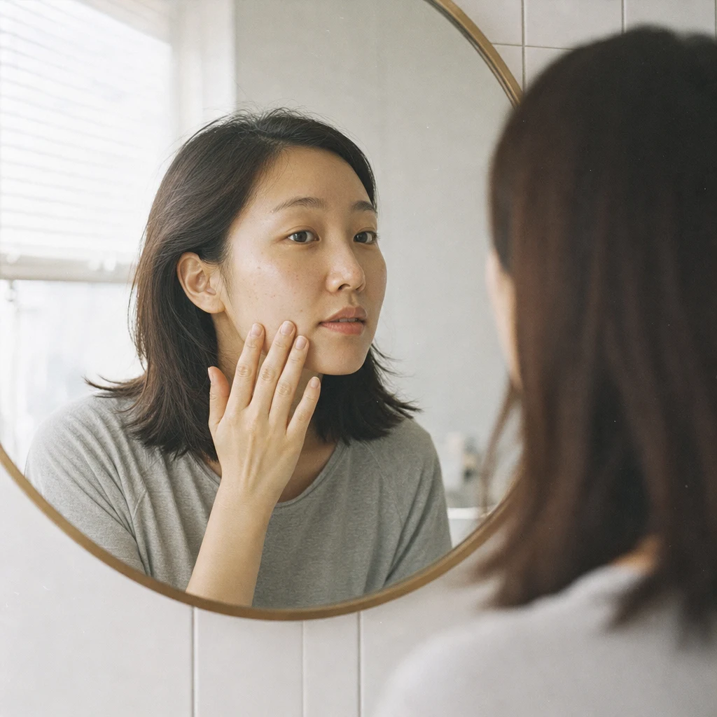 거울 앞에서 뺨을 살펴보는 여성, 포텐자 상담 전 모공·흉터 자가 확인