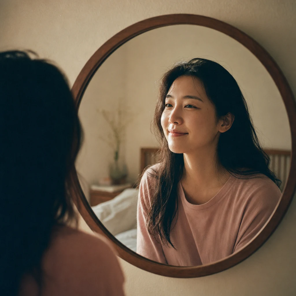 거울 속 자신을 보며 옅게 미소 짓는 모습