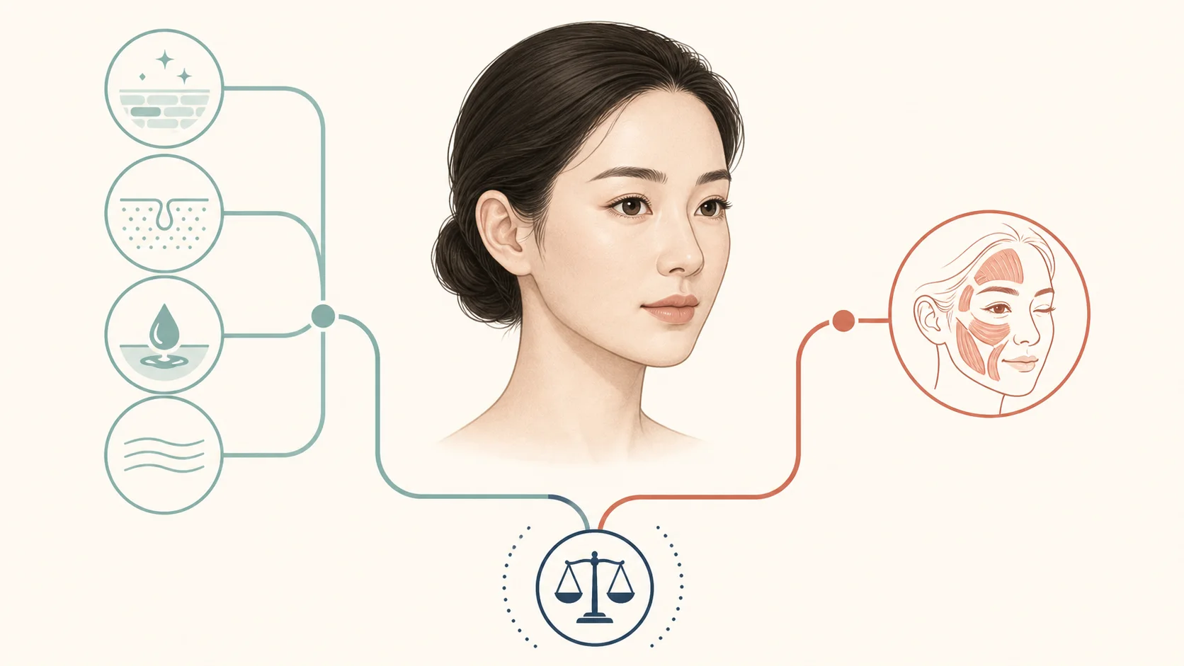 피지와 모공이 보이는 정도, 피부결과 잔주름 목표가 피부 원인 평가로 이어지고 표정근 움직임 목표는 근육 평가로 이어지는 분기형 그림