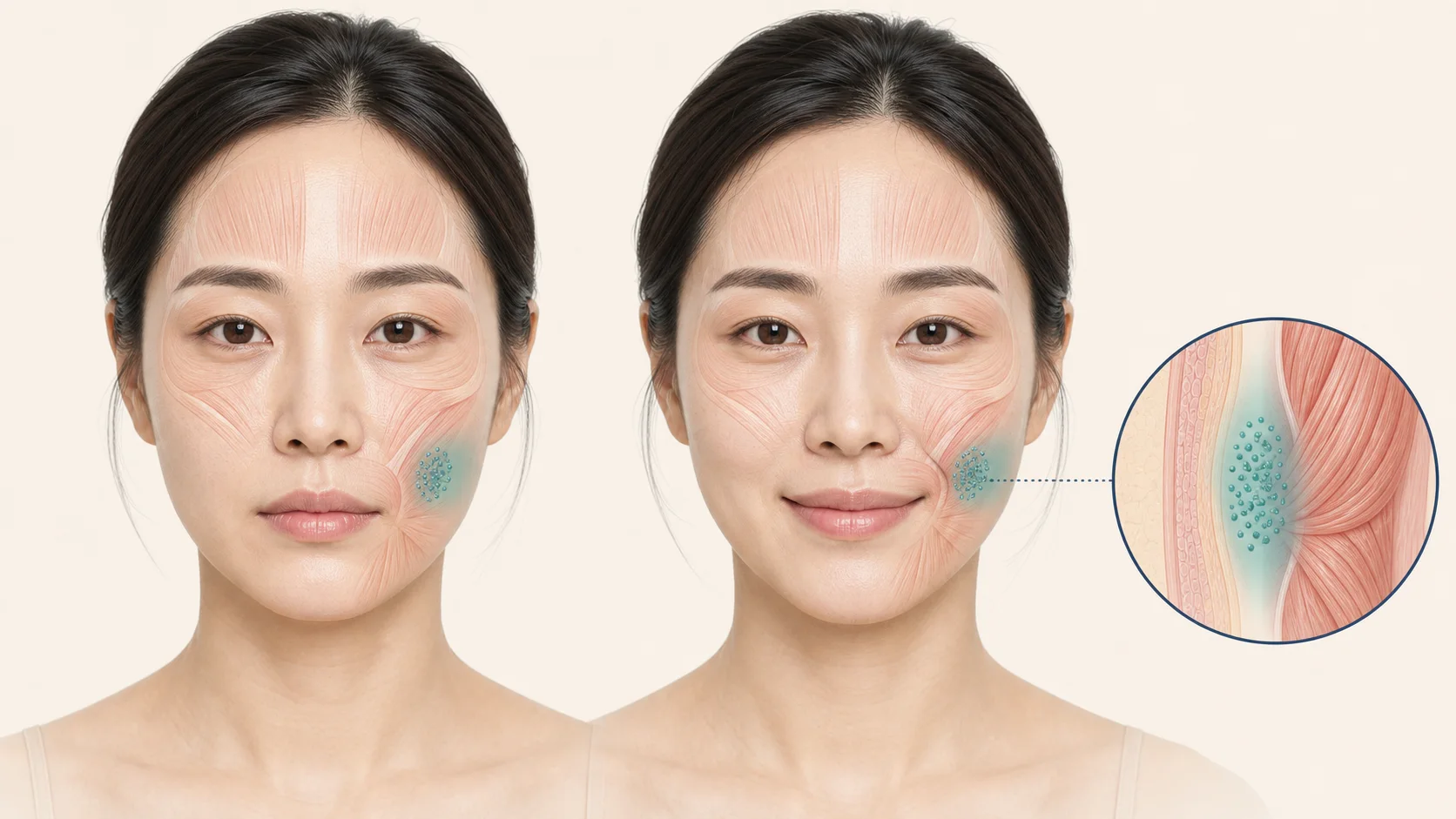 무표정과 미소를 나란히 비교하는 얼굴 평가 장면 옆에 얕은 주입 부위에서 주변 표정근으로 이어질 수 있는 확산 범위를 과장 없이 나타낸 해부학 그림