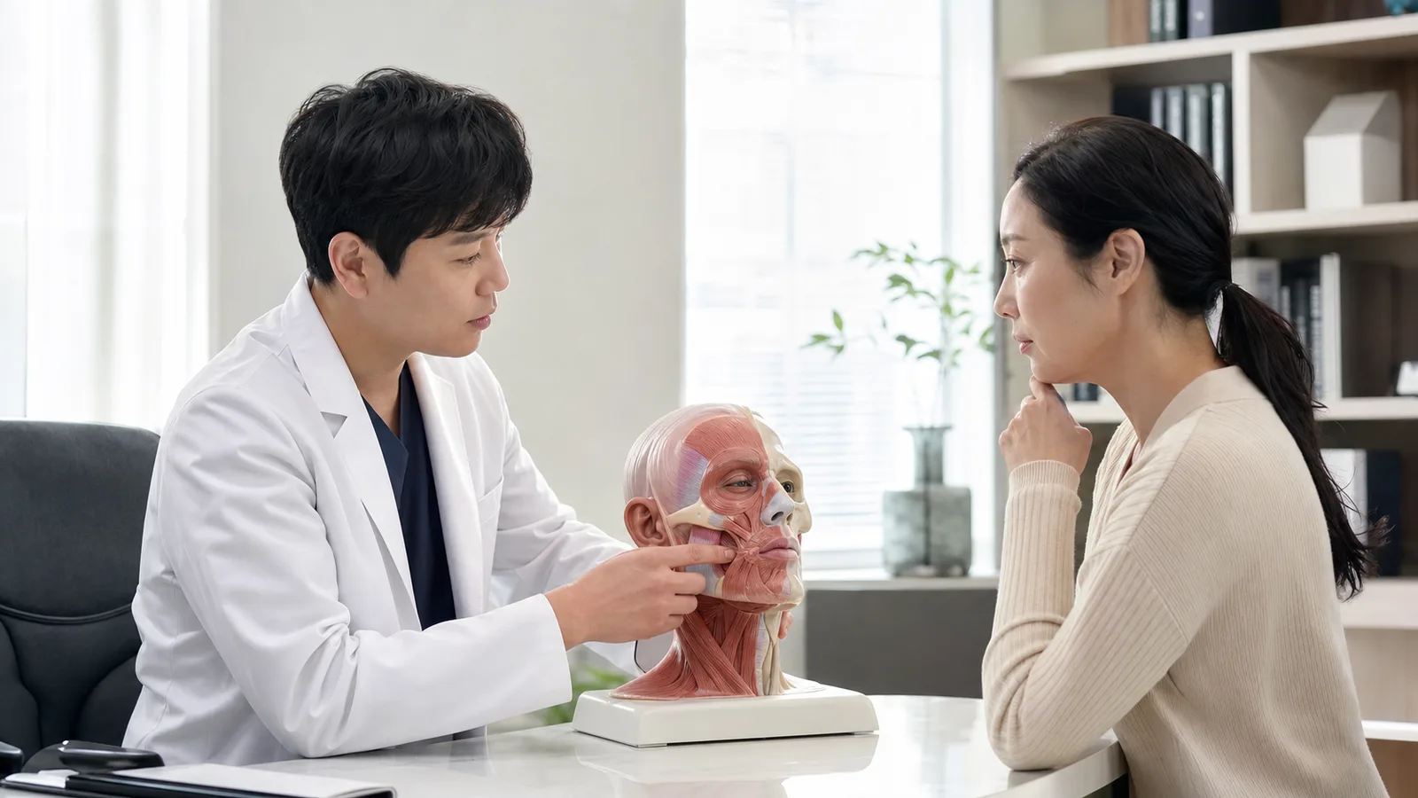 의료진이 환자의 턱 부위 근육과 골격을 손으로 짚으며 안면 구조를 살피는 진료실 상담 장면