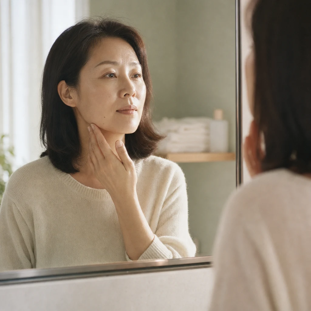 상담 전 거울 앞에서 턱선을 살펴보는 여성