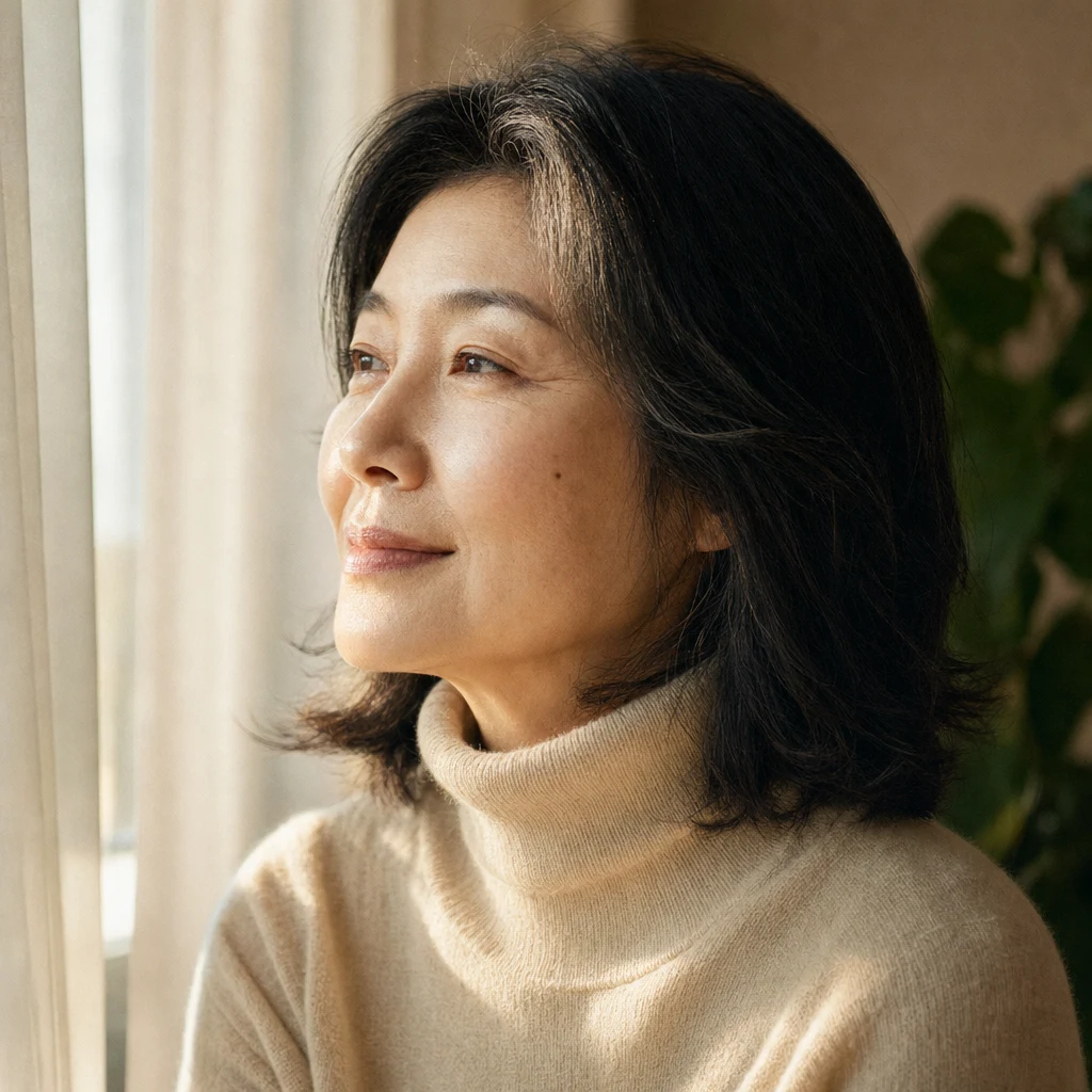 창가에서 편안한 표정을 짓는 여성의 모습
