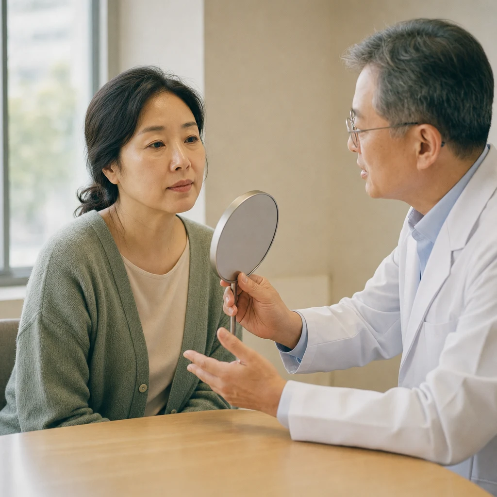 진료실에서 손거울을 들고 환자의 턱선을 함께 확인하는 원장