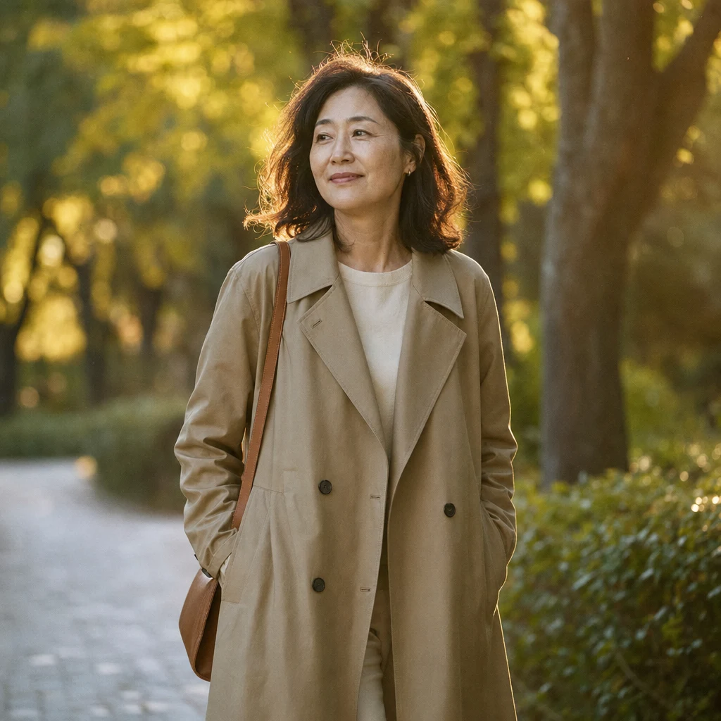 늦은 오후 공원 산책로를 편안한 표정으로 걷는 여성