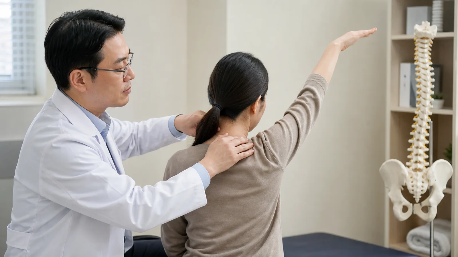 의료진이 환자의 어깨와 목 근육 상태를 진찰하며 해부학적 구조를 바탕으로 상담하는 모습