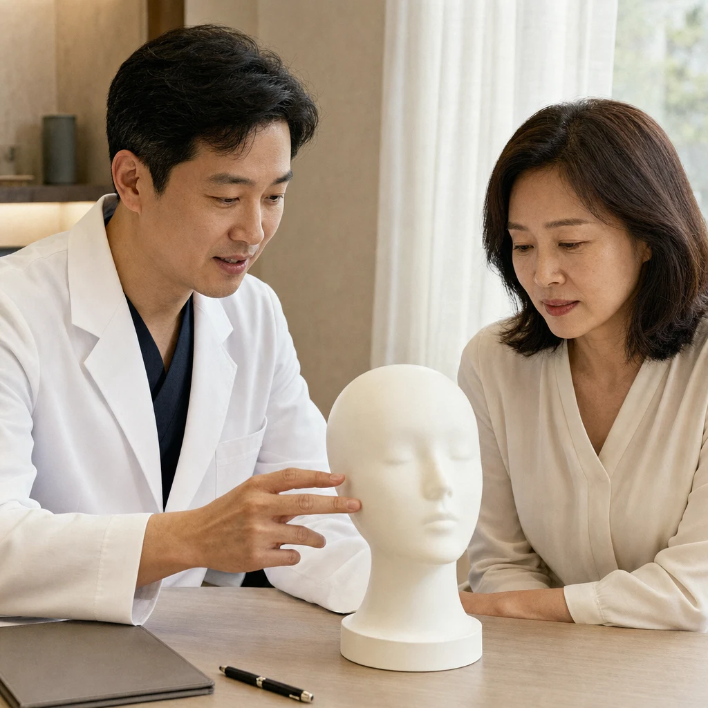 얼굴 모형을 보며 부위별 시술 계획을 상담하는 장면