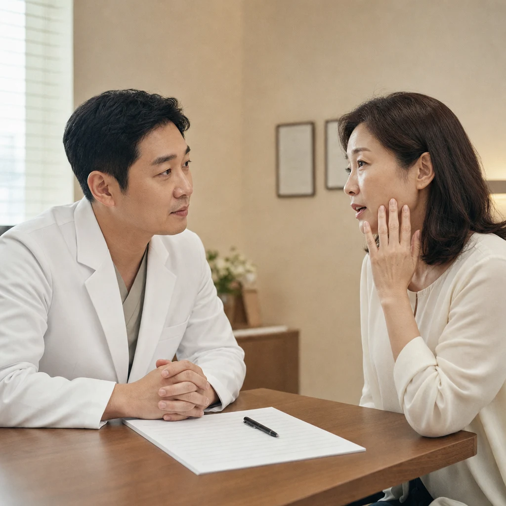 시술 전 문진표를 두고 안전 사항을 확인하는 상담 장면