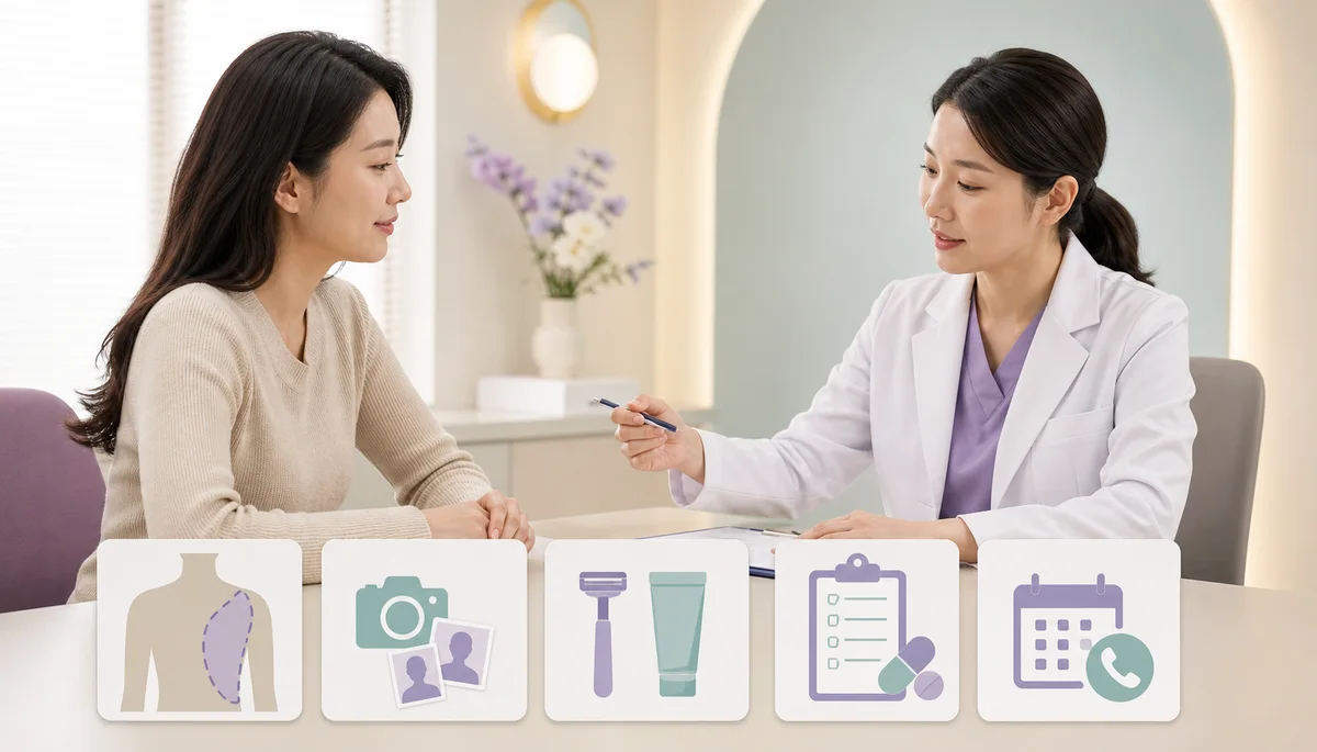 광천 겨드랑이 제모 상담에서 부위 범위, 피부 기록, 제품·약물 이력, 다음 회차 기준과 연락 경로를 확인하는 체크리스트 장면