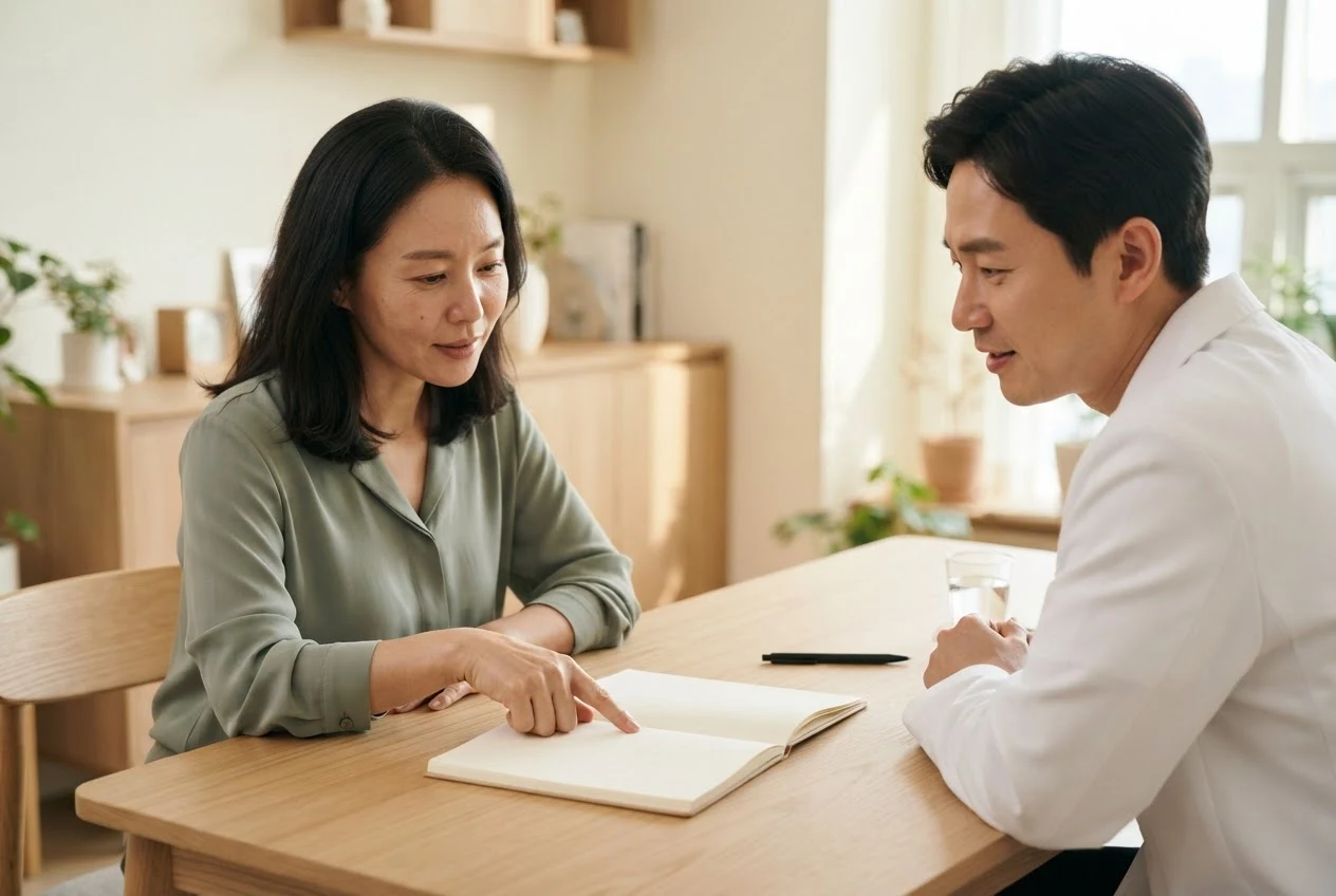 빈 노트를 펼쳐 놓고 의료진과 상담 질문을 확인하는 여성