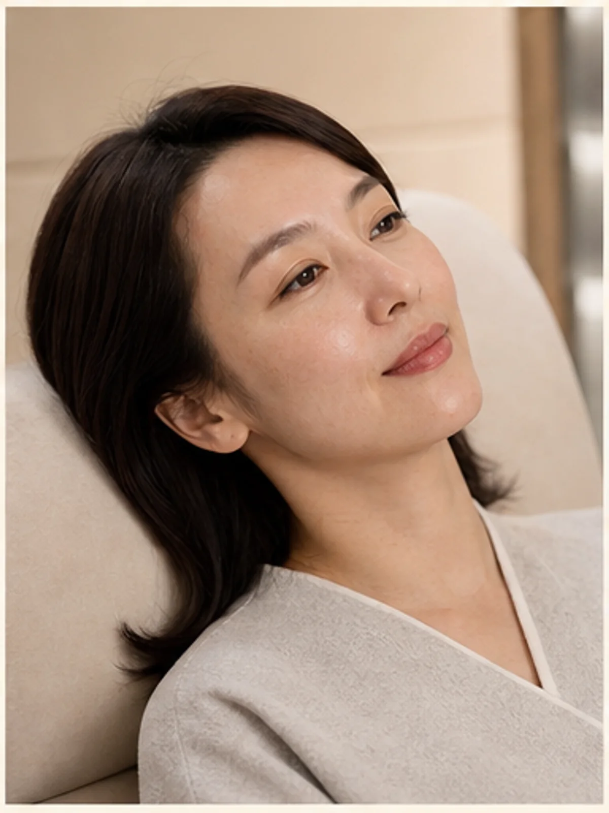 고주파 시술 상담 후 편안하게 피부 상태를 확인하는 모습