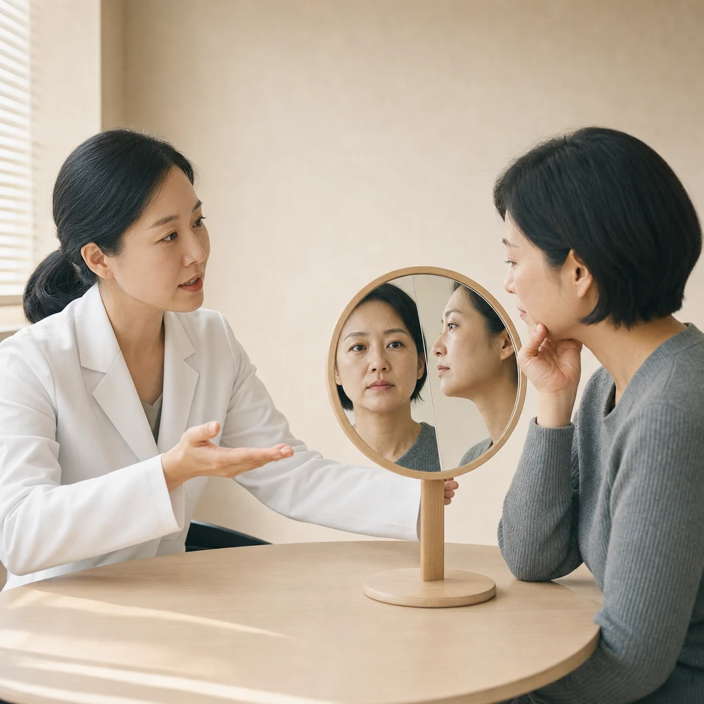 거울을 보며 얼굴 부위별 리프팅 계획을 상담하는 장면