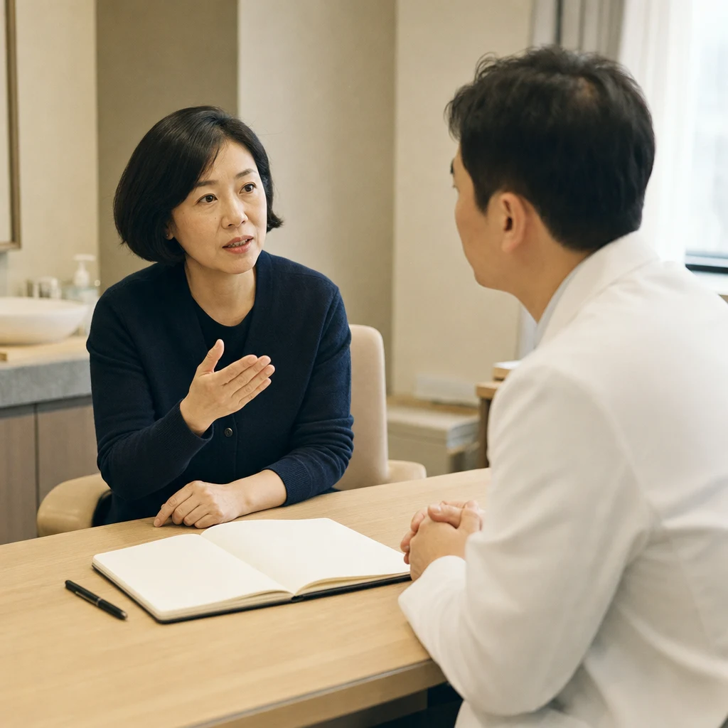복용약과 과거 시술 이력을 의료진에게 설명하는 상담 장면