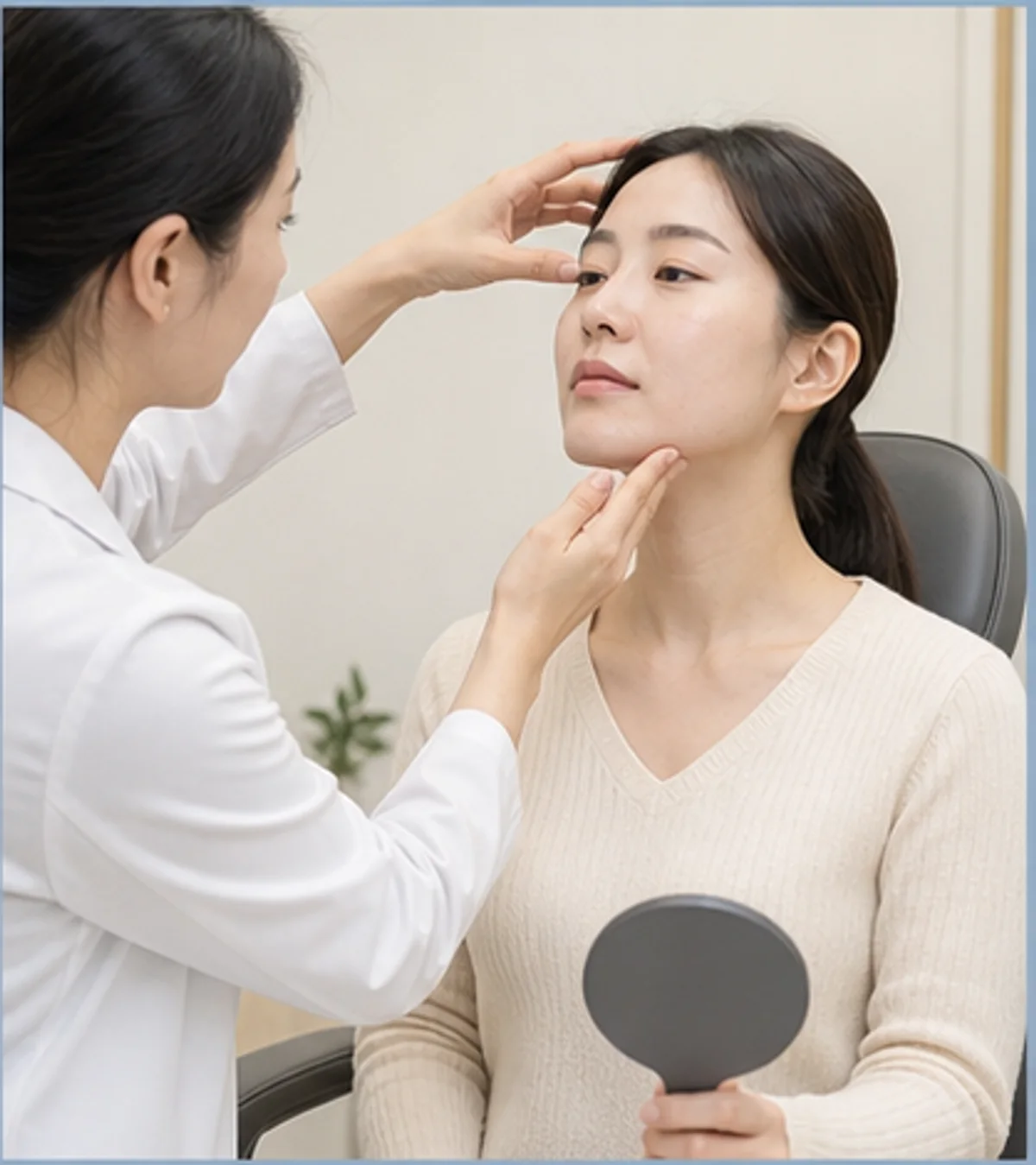 의료진이 얼굴 윤곽을 여러 각도에서 살피는 상담 장면
