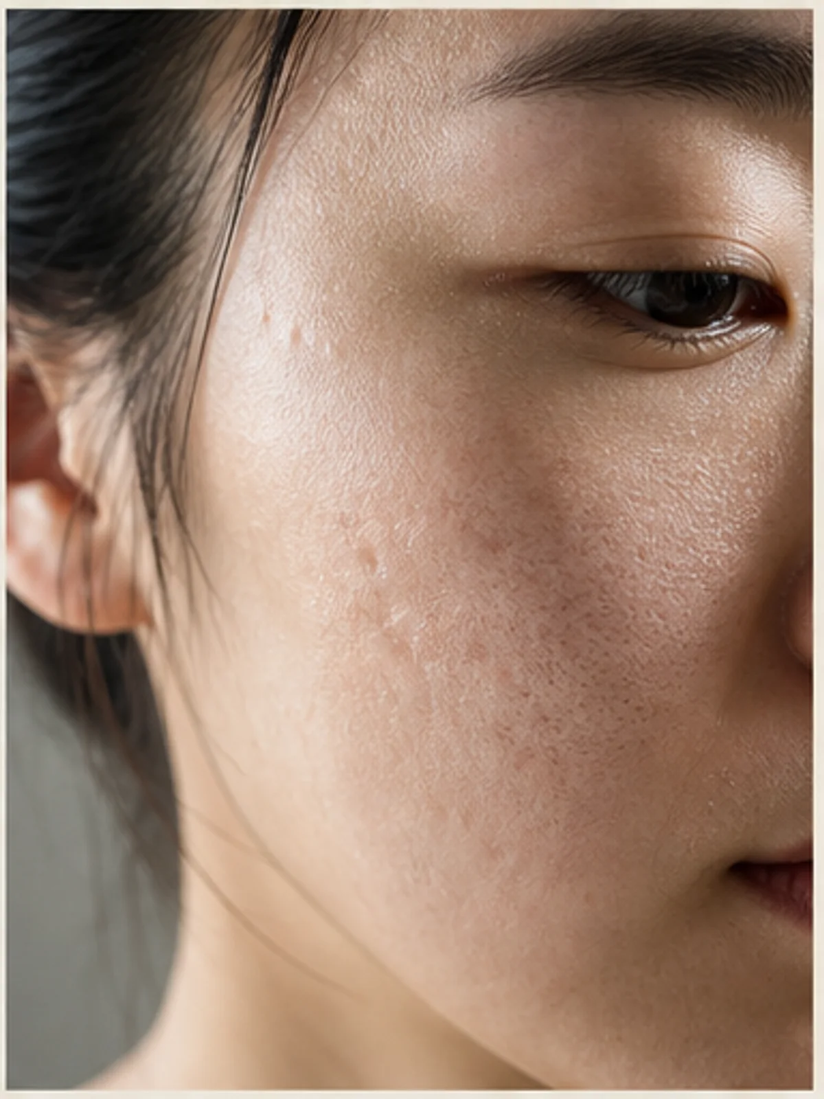 측면 조명에 따라 다르게 보이는 볼 피부 결